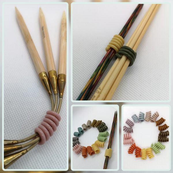 Nadelhalter Nadelspiel Spirale in klassischen Farben Collage Titel, im Farbkreis und auf Nadeln